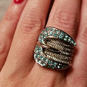Turquoise Rhinestone Buckle sterling silver ring
